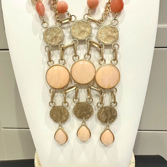 Peach orange Gold tone Large Jewel Statement Multi Strand Necklace - Picture 3 of 5